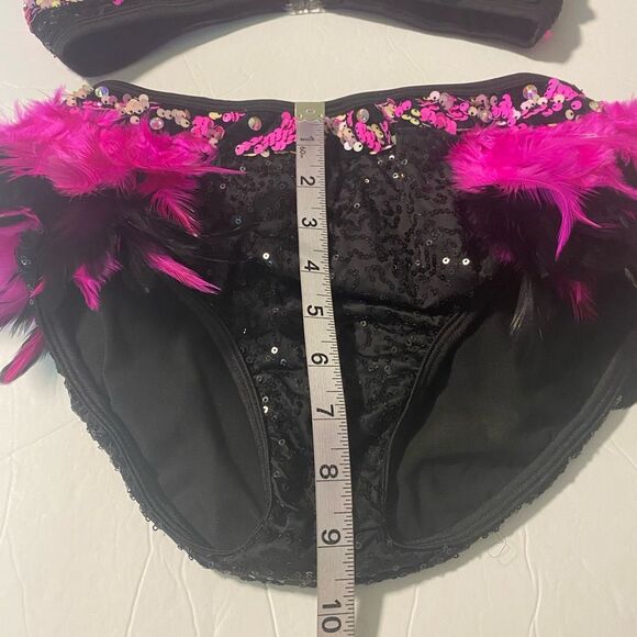 Glamour solo dance costume pink black Feather embellished leotard 2 piece XLC - Picture 7 of 12